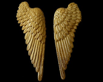 Vintage Raw Brass Stampings / XL Wings / One Pair / Mirror Image / Detailed Design / 3.5" x 1.5" each piece