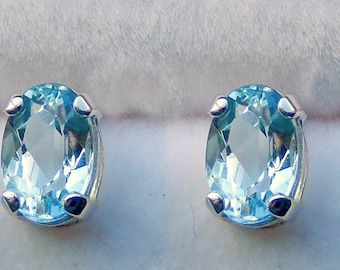 Aquamarine Gemstone Earrings / Pale Blue / Natural Color / Oval Faceted Stones / 925 Sterling Silver / Two Sizes / Classic  Style