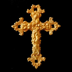 Vintage Raw Brass Stamping / Flower Cross with Ornate Details / 2.25 x 1.75 image 1