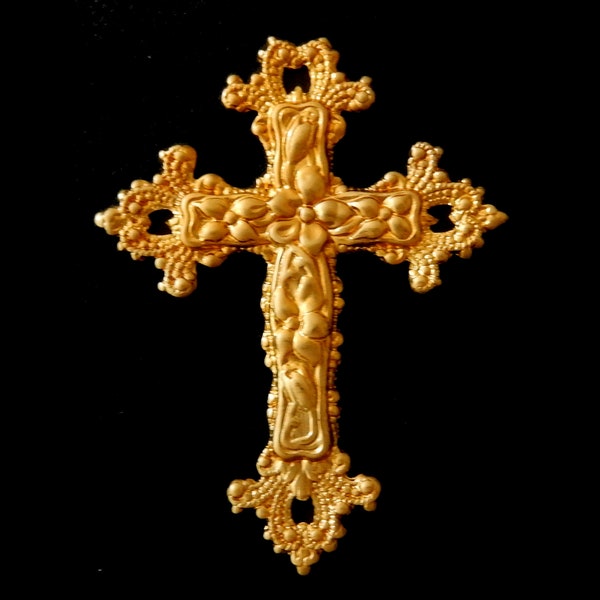 Vintage Raw Brass Stamping / Flower Cross with Ornate Details / 2.25" x 1.75"