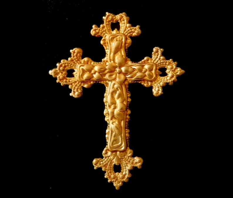 Vintage Raw Brass Stamping / Flower Cross with Ornate Details / 2.25 x 1.75 image 1