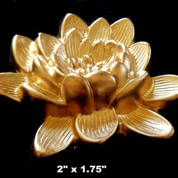 Vintage Design Raw Brass Lotus Flower / Embossed Top / Open Backside/   2" x 1.75"