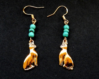 Bast Cat Earrings/ Ancient Egyptian Symbol/ Gold Tone w. Turquoise Beads / 2" Drop