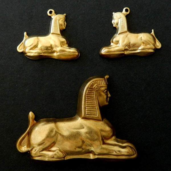 Egyptian Revival Designs /Raw Brass Stampings/ Sphinx Profile / Small Pair Mirror Image or large single