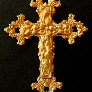 Vintage Raw Brass Stamping / Flower Cross with Ornate Details / 2.25 x 1.75 image 5