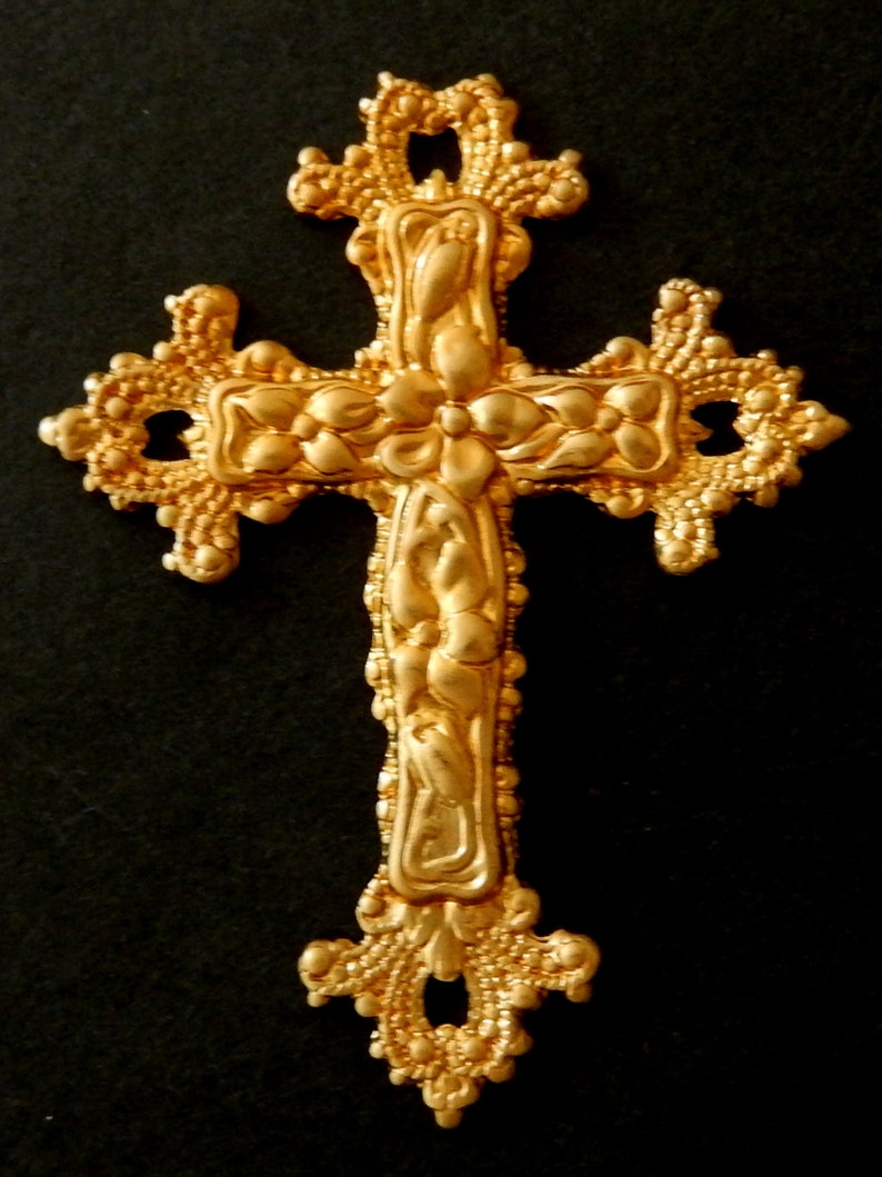 Vintage Raw Brass Stamping / Flower Cross with Ornate Details / 2.25 x 1.75 image 5