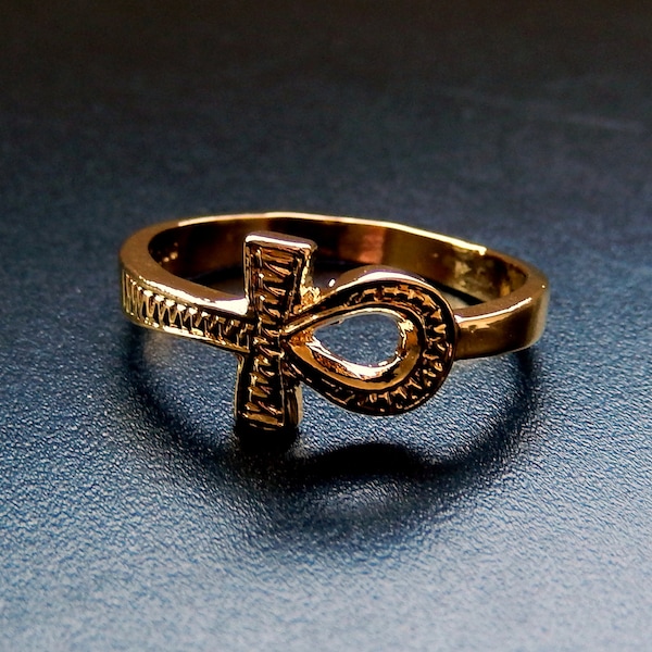 Ankh or Key of Life Ring / Wrap Band / Gold or Silver Tone / Sizes 6-9 / Fine Brass