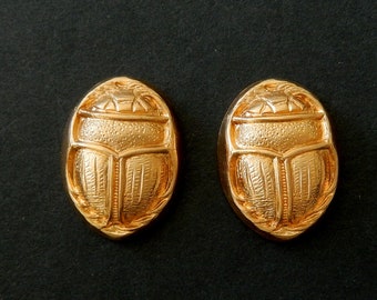 Egyptian Scarab / Raw Brass Stamping/Embossed Top/ One Pair / 7/8&quot; x 5/8&quot;/Open Back