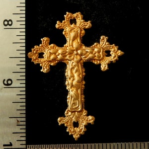 Vintage Raw Brass Stamping / Flower Cross with Ornate Details / 2.25 x 1.75 image 3