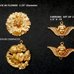 May include: Four gold-tone metal charms, two cherubs with wings, one cherub embracing another cherub, and one face in a flower.  The cherubs are 1.5 inches by 0.75 inches. The face in flower is 1.25 inches in diameter.