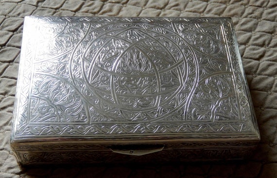 Egyptian Silver Deco Box / Hinged Lid / Wooden Li… - image 3