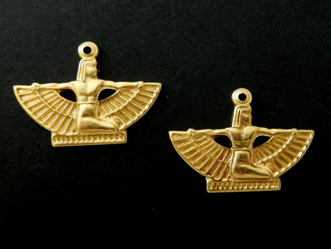 Vintage Design Raw Brass Stamping / Egyptian Revival Style /ISIS / Pair