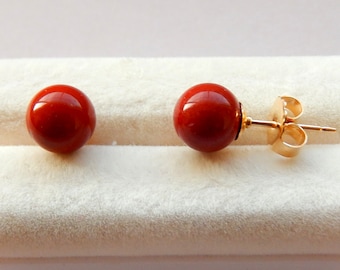 Red Jasper Bead Earrings / 7 mm Natural Beads/ 14/20 GF Earring Mountings