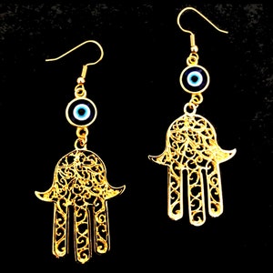 Hamsa or Hand of Fatima  Earrings / Evil Eye / Gold Tone / Filigree Design / Pierced