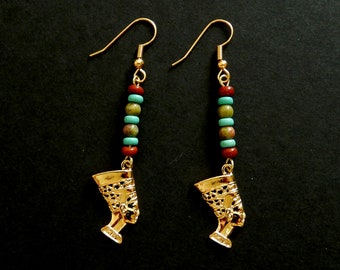 Nefertiti Earrings / Small Filigree Nefertiti Charms / 18K. Gold Tone / Beads in Royal Colors