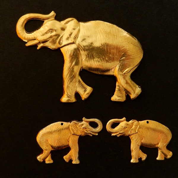 Vintage Raw Brass Stamping / Elephants / Two Sizes /  Large (one Piece ) Small ( Mirror image pair )