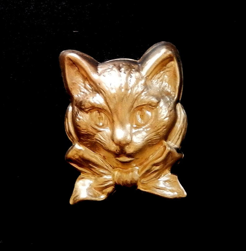 Vintage Brass Stamping Cat with Bow Tie 1.75 x 1.25 Embossed Design Open back