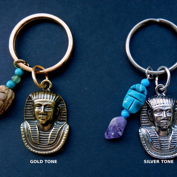 Boy King Tut Bust / Key Ring /  Scarab / Gen. Amy Nugget / Silver or Gold Tone /   3"