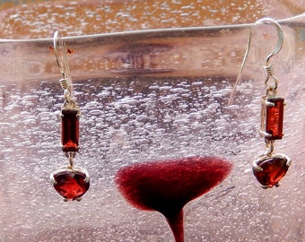 Garnet Gemstone  Dangle Earrings / Natural Rich Red Color / 7x7 mm Heart Shape / 8x3mm Baguette / 925 Sterling