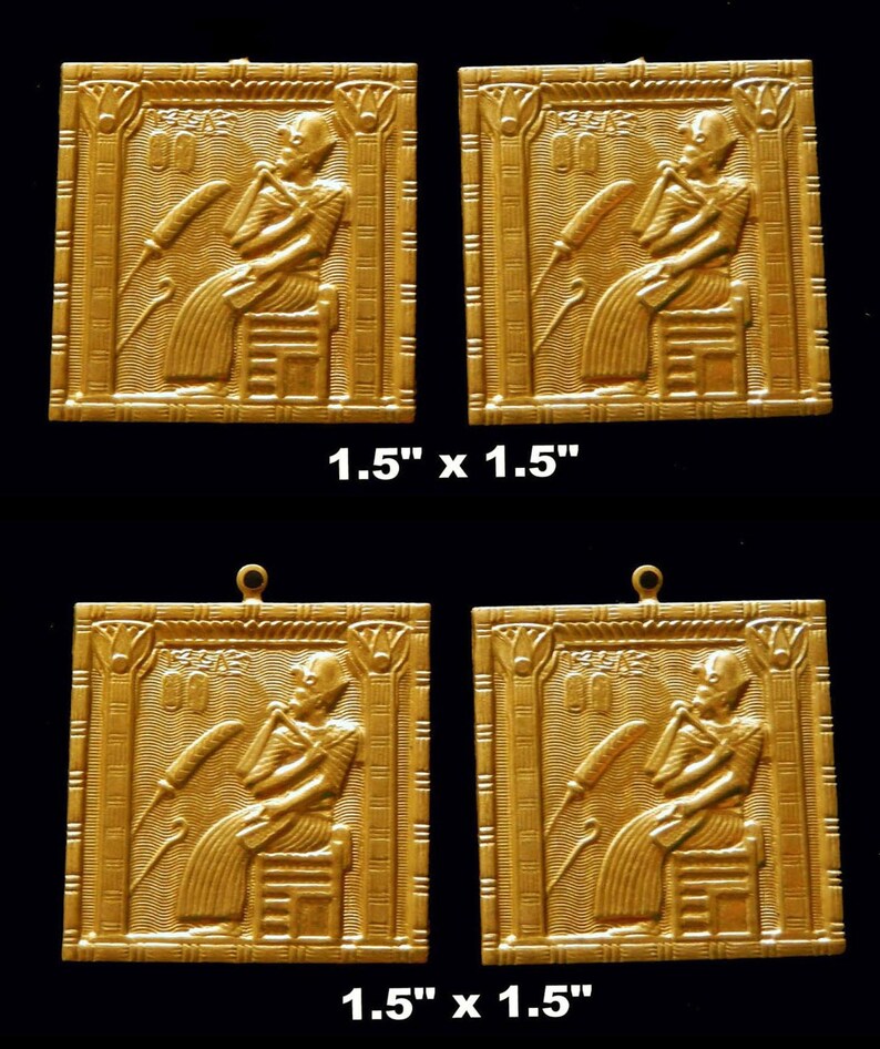 Brass Stamping / Ancient Egyptian Pharaoh Sitting/ Square with or without loops/ One Pair / Unfinished Raw Brass image 1