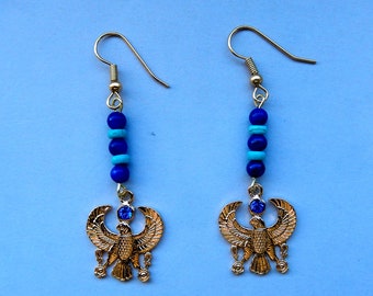 Horus Earrings / Ancient Egyptian Symbol in  Falcon Form / Holding Ankhs or Key of Life / 18K. Gold Tone / Genuine Beads