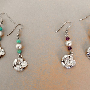 Floral Charm Earrings/ Hibiscus 3/D Charms / Fine Brass/ Silver Tone/ Spanish Pearls/ Amy or Turquoise Accents