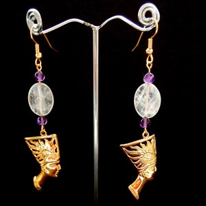 Nefertiti Earrings / Natural Quartz and Amethyst/ 18K. Gold Tone/ 3 3/8&quot; Length
