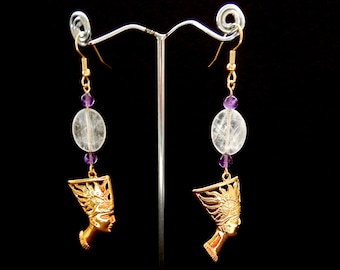 Nefertiti Earrings / Natural Quartz and Amethyst/ 18K. Gold Tone/ 3 3/8" Length