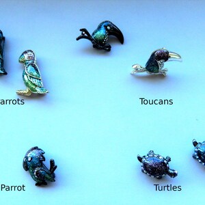 Enamel Pins / Crystal Accents / Parrots, Toucans, Turtles / Safety Closure / Unique Finishes