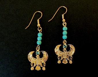 Egyptian Earrings / Horus in Form of Falcon with Ankhs / 18K. Gold Tone / Austrian Crystal / Beads