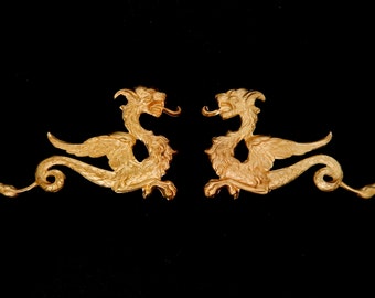 Vintage  Raw Brass Design / Dragons in Mirror Image Pairs / Raw Brass / Detailed and Intricate