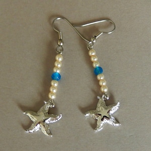 Star Fish Charm Earrings / Fine brass/ Silver Tone/ Spanish Pearls and Blue Faceted Stone Accents/ 2.25&quot; length