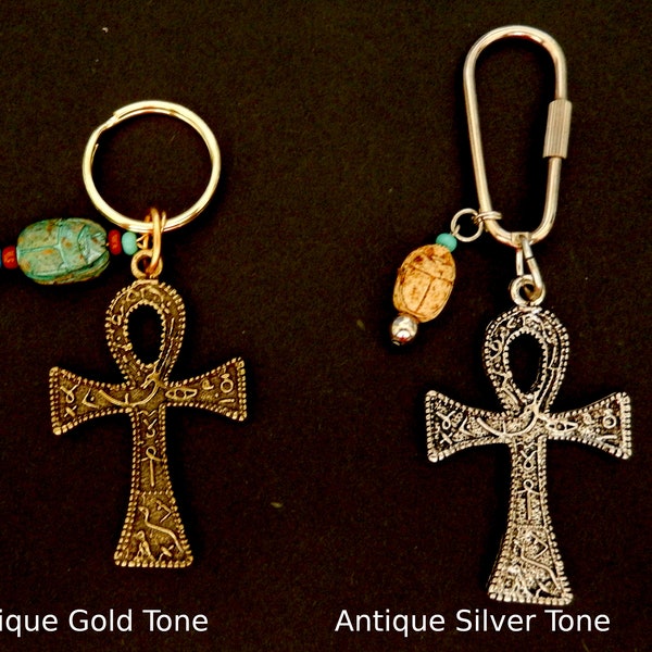 Large Ankh with Hieroglyphs Key Ring/ Vintage Scarab Accents/ Antique Gold or Silver Tone