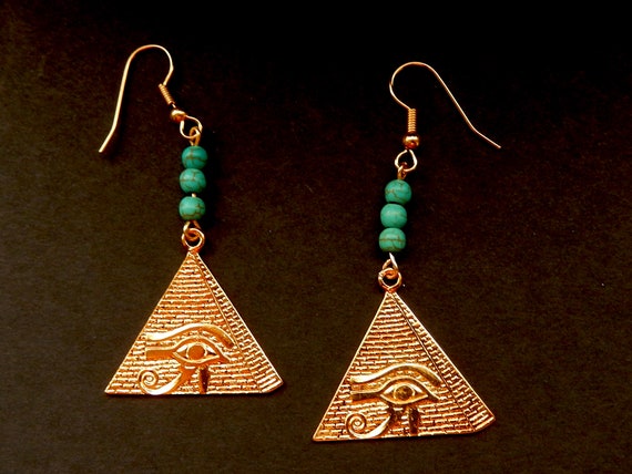 Pyramid Eye Earrings Ancient Egyptian Symbols 18K. Gold Tone Turquoise Accents 2 3 8 Length