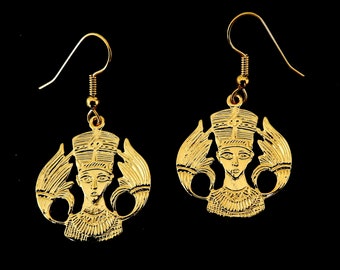 Nefertiti Earrings / Ancient Egyptian Queen / Lotus Flower of Egypt / 18K. Gold Tone / Fine Brass