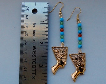 Nefertiti Earrings / 18K. Gold Tone / Jewelry Grade Brass / Royal Colors of Stones / 3.5" Drop