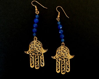 Middle-Eastern Theme Earrings / Hamsa  Filigree / Hand of Fatima / Protective Symbol / 18k. Gold Tone/Natural Faceted Blue Beads