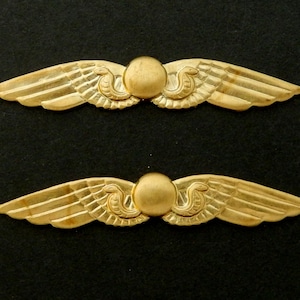 May include: Two gold-colored winged badges with a round center and a snake design on each side of the center. The wings are detailed with lines and the center is smooth.