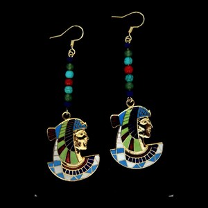 Cleopatra, Queen of the Nile / Earrings with Enamel and Beads / Gold Tone / 3.25&quot; Length