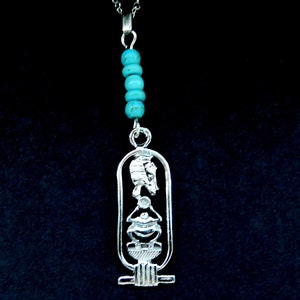 King Tut Cartouche Pendant and 18" Chain / Silver Tone with Turquoise Accents