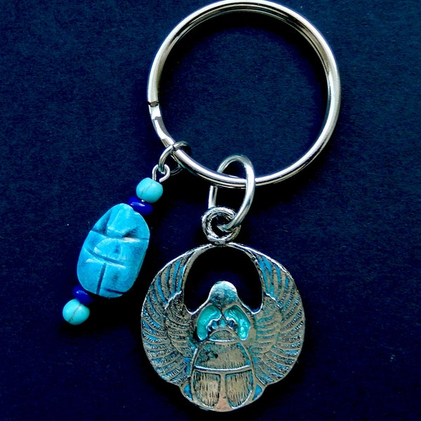 Winged Scarab Key Ring / Silver Tone / Turquoise Scarab Charm/ Beads / 32 mm Split Ring / 2.5" length