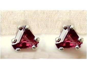 Raspberry Red Natural Rhodolite Earrings / Faceted Triangle Shapes / 5x5 mm / 6 Prong Settings in 925 Sterling