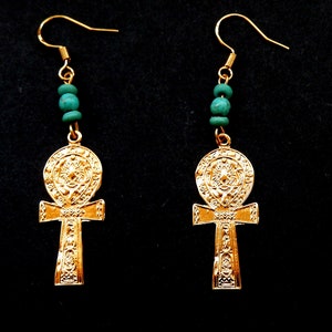 Ankh or Key of Life Earrings / Hieroglyphic Design/ Tiny Turquoise Accents/ 18K. Gold Tone /Fine Brass
