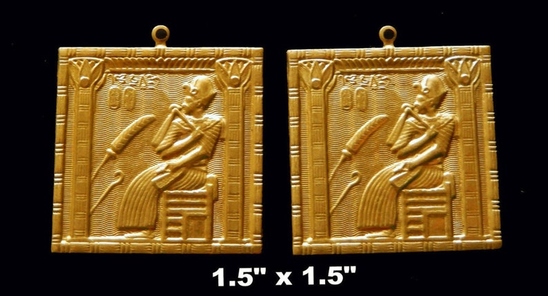 Brass Stamping / Ancient Egyptian Pharaoh Sitting/ Square with or without loops/ One Pair / Unfinished Raw Brass image 5