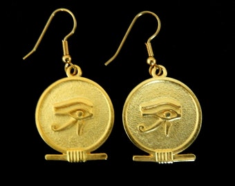 Udjat Eye or Eye of Horus Symbol in Round Cartouche Earrings / Ancient Egyptian Symbol of Protection / Inside Royal Nameplate