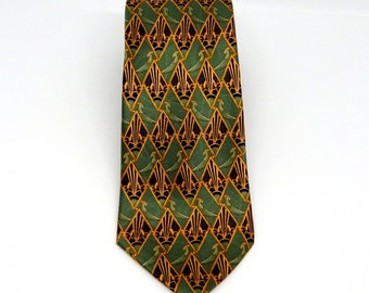 Lavin Paris /Vintage Silk Tie/ Made in France/ Shades of Green/Bird Design