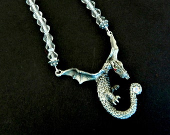 Dragon Necklace with Clear Crystal Faceted Beads / Pewter Dragon and Toggle / 20"