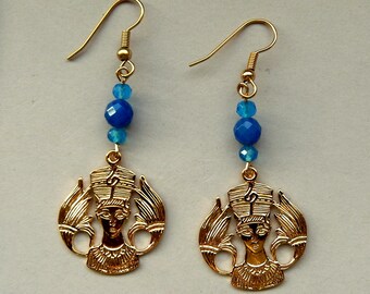 Nefertiti Earrings / Ancient Queen with Lotus Flower of Egypt /Coral or Apatite / 2.5" Length