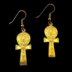 Ankh Earrings / Ancient Egyptian Key of Life / Hieroglyphic Design / 18K. Gold Tone / Dangles