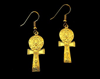 Ankh Earrings / Ancient Egyptian Key of Life / Hieroglyphic Design / 18K. Gold Tone / Dangles